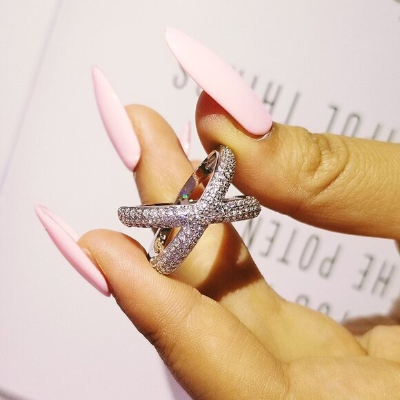 🎀 X Shape Cross Micro Pave CZ Crystal Infinity Rings for Women, PD432 - Picture 4 of 6